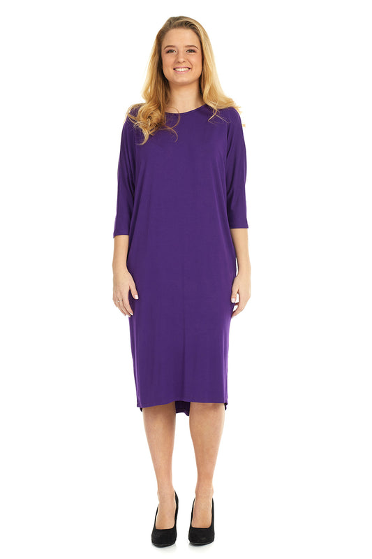 Esteez MONICA Dress - 3/4 Sleeve Bat Wing Shift Dress - PURPLE