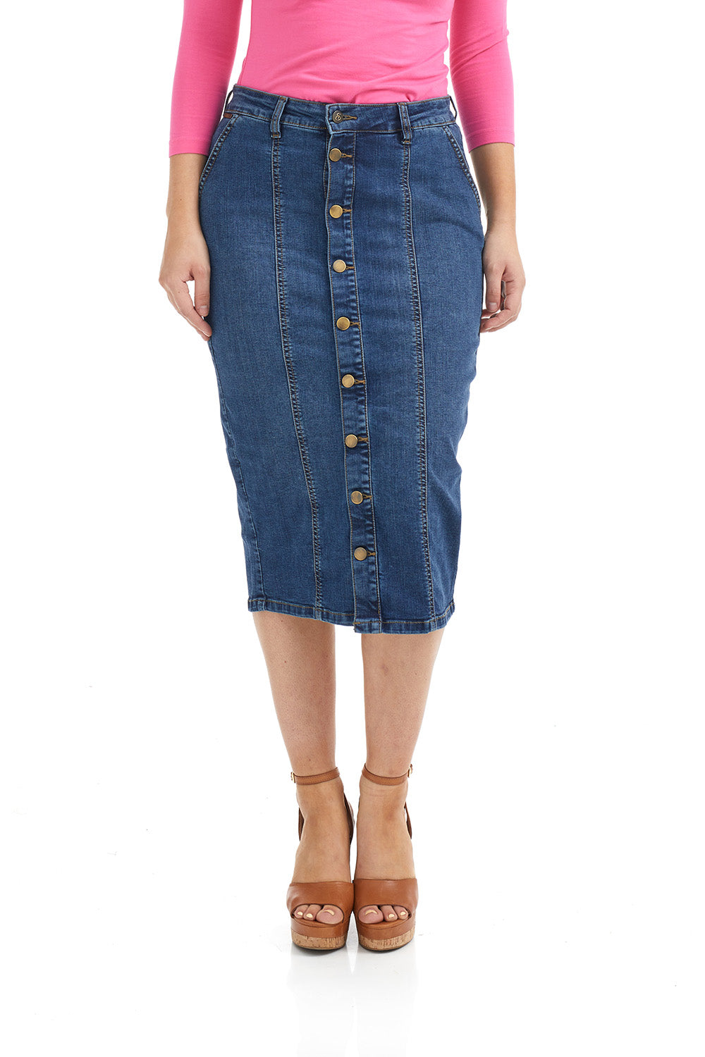 blue button down modest denim jean skirt