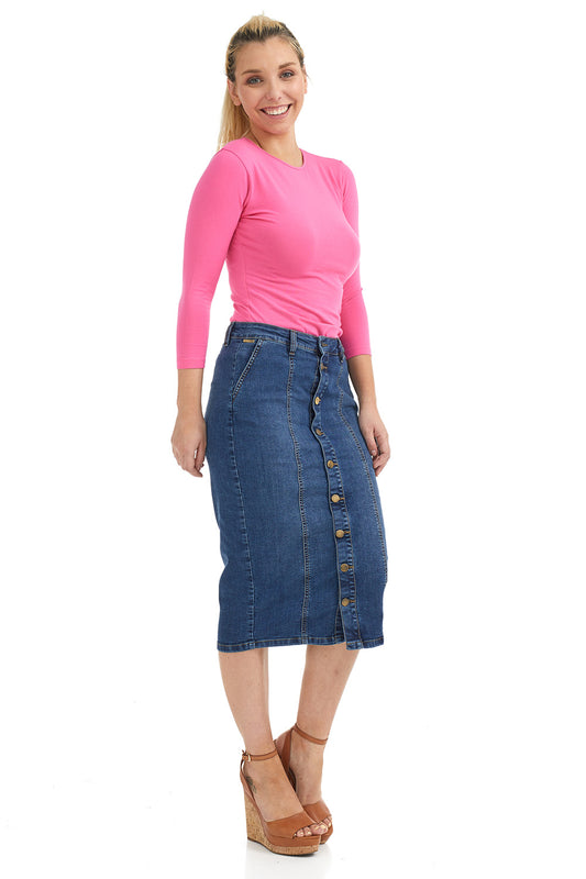 Esteez SEATTLE Midi Jean Skirt - Below Knee Length Button-down Denim Skirt for WOMEN