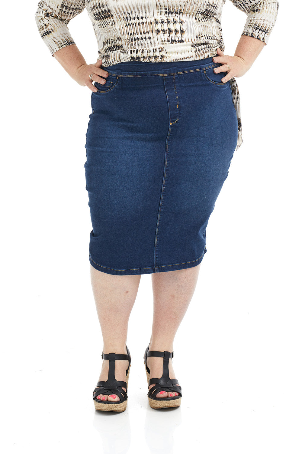 Esteez SIENA Denim Skirt - High Waisted Jean Skirt -Hidden Tummy Control for WOMEN - BLUE