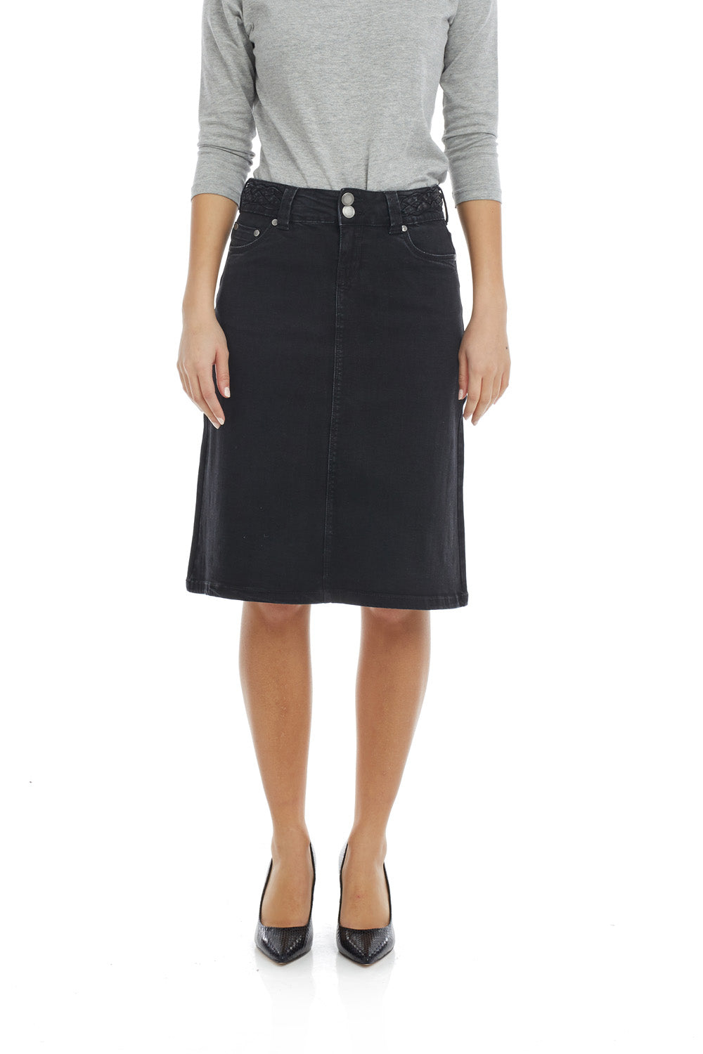 Esteez SYDNEY Denim Skirt - Modest Below the Knee A-line Jean Skirt for Women - BLACK