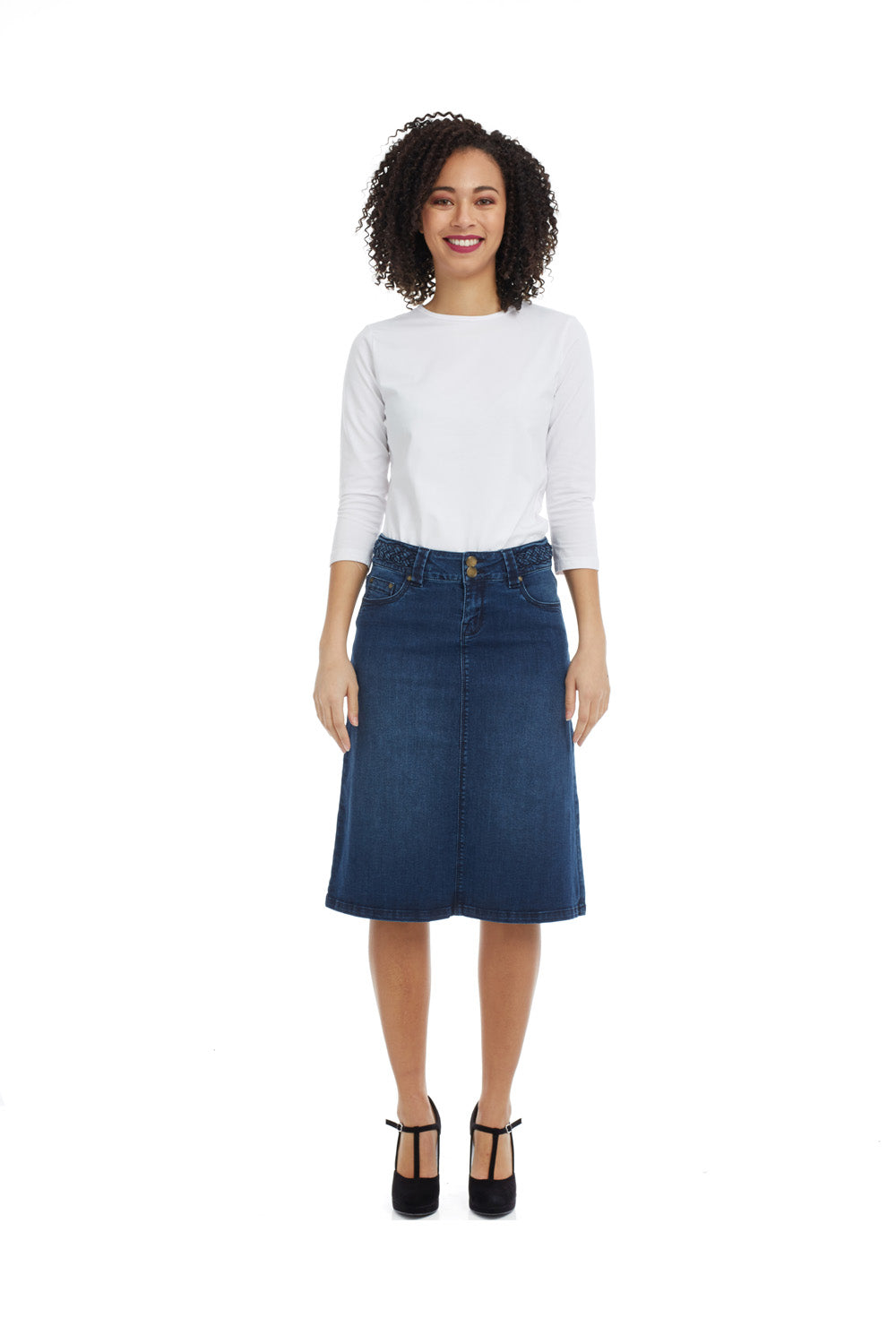 Esteez SYDNEY Denim Skirt - Modest Below the Knee A-line Jean Skirt for Women - BLUE