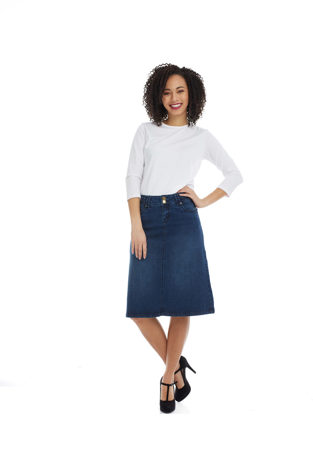 Esteez SYDNEY Denim Skirt - Modest Below the Knee A-line Jean Skirt for Women - BLUE