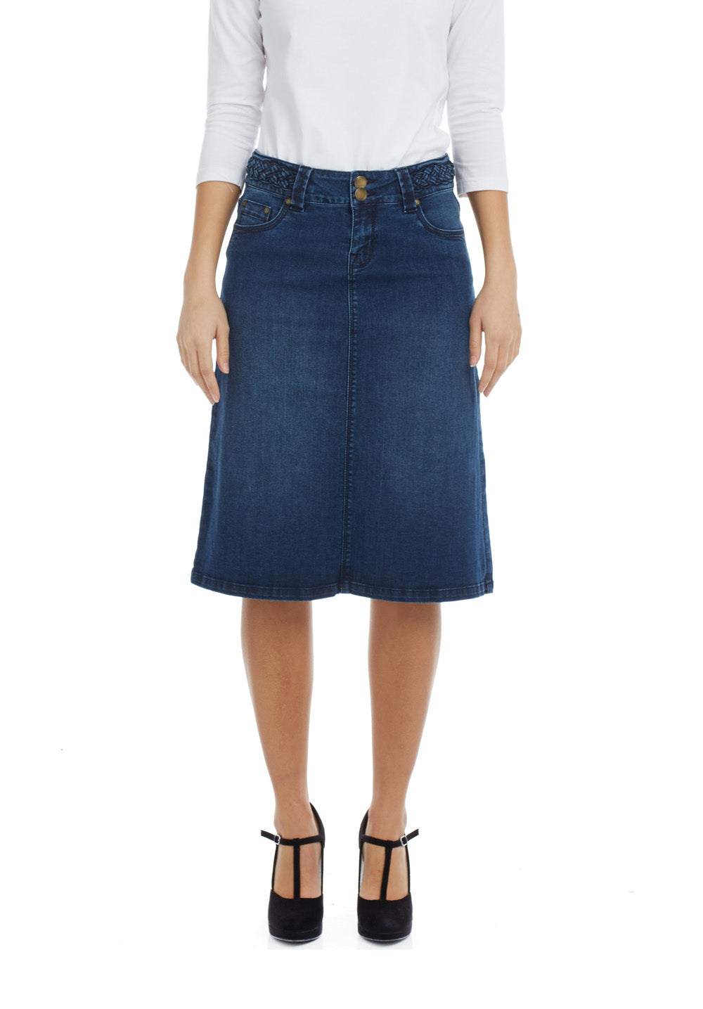 Esteez SYDNEY Denim Skirt - Modest Below the Knee A-line Jean Skirt for Women - BLUE