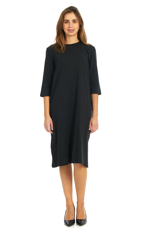 Esteez TEE Dress - Women's Cotton Spandex Casual Shift Dress - 3/4 Sleeves - BLACK