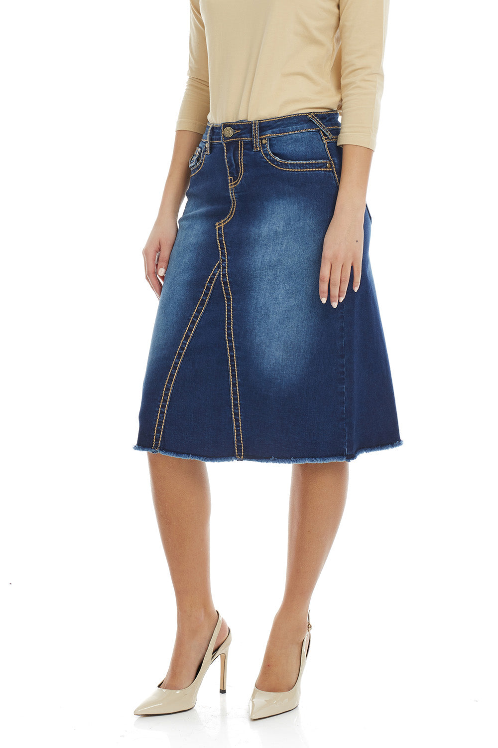 Esteez VICTORIA Skirt - Modest Below the Knee A-line Flary Jean Skirt for Women - BLUE