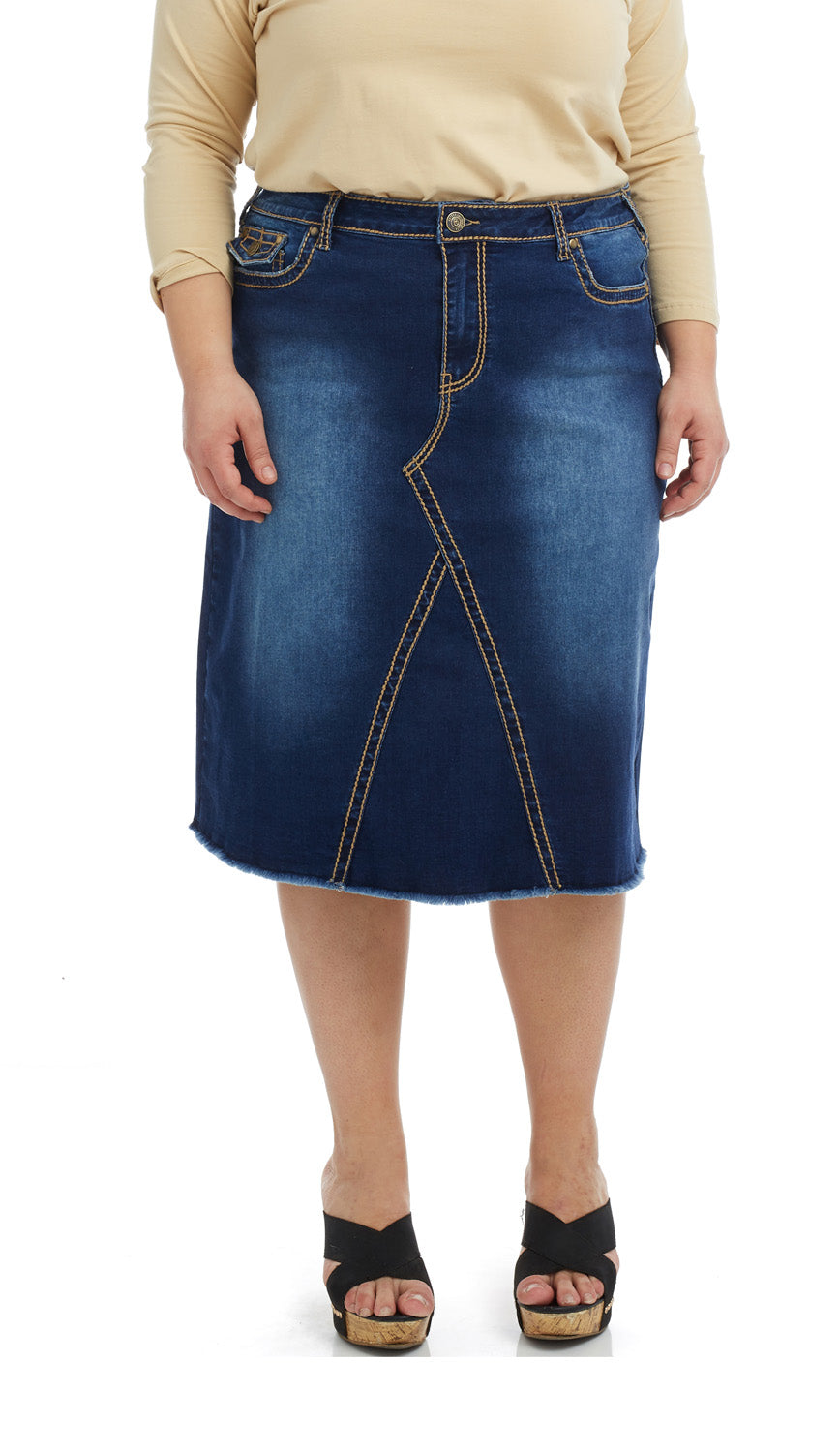 Esteez VICTORIA Skirt - Modest Below the Knee A-line Flary Jean Skirt for Women - BLUE