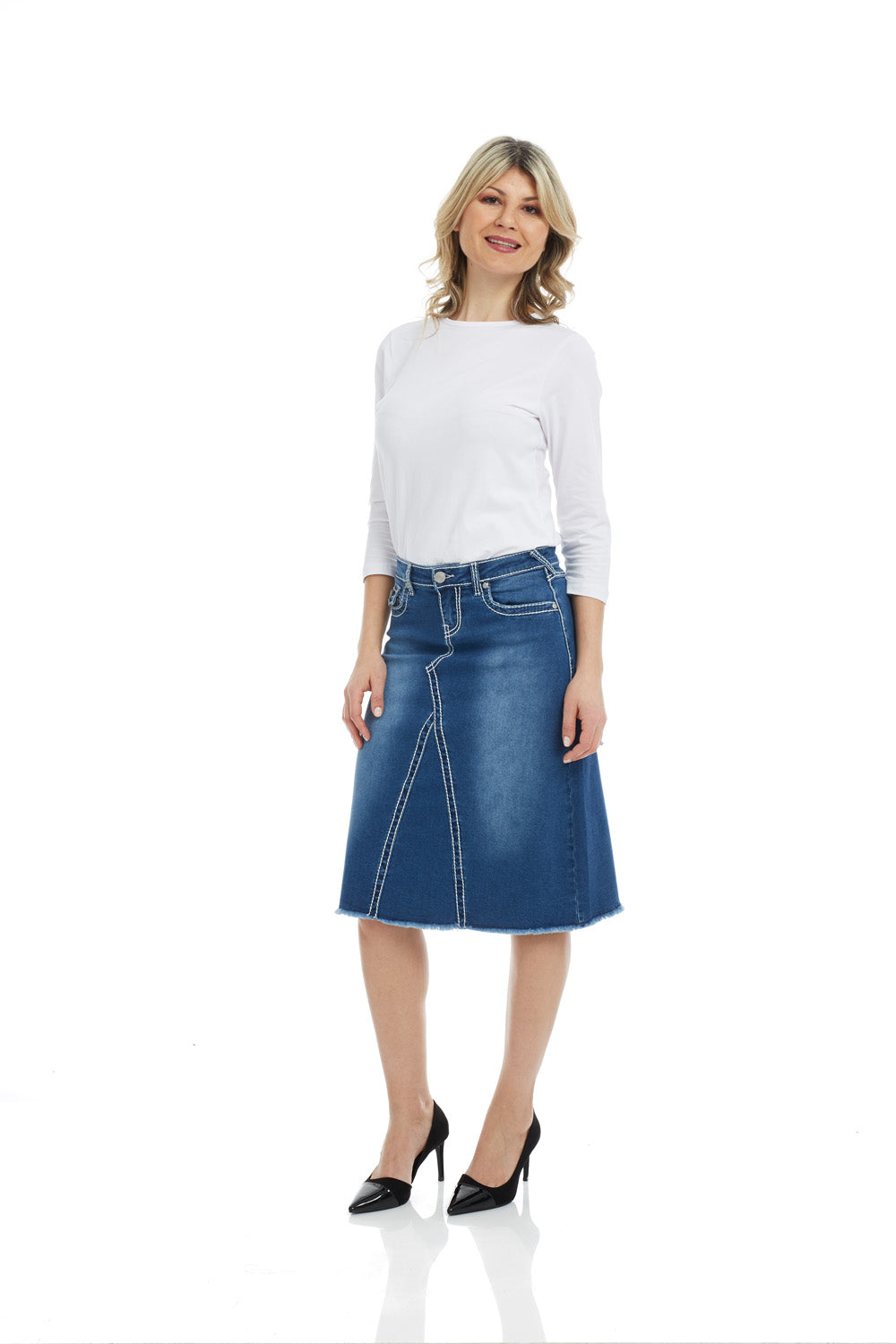 Esteez VICTORIA Skirt - Modest Below the Knee A-line Flary Jean Skirt for Women - CLASSIC BLUE