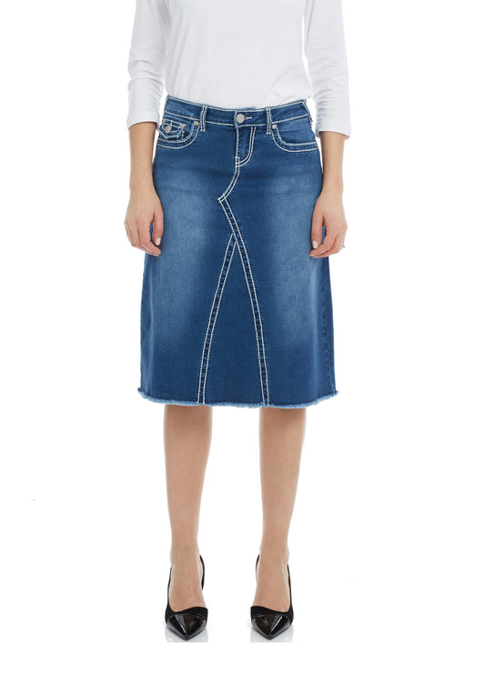 Esteez VICTORIA Skirt - Modest Below the Knee A-line Flary Jean Skirt for Women - CLASSIC BLUE